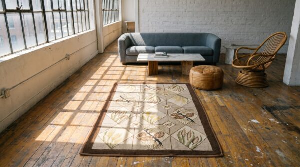 Ivory american hooked antique 1930s wool small scatter size rug (sku 19233) - room view