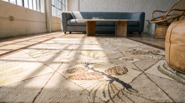 Ivory american hooked antique 1930s wool small scatter size rug (sku 19233) - in-room detail
