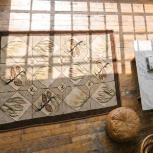 Ivory American Hooked Antique 1930s Wool Small Scatter Size Rug (SKU 19233) - styled overhead view