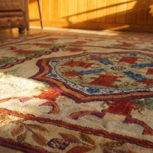 Ivory Antique American Hooked Rug with Chinese Design - Rare Square Shape (SKU 19086) - in-room detail