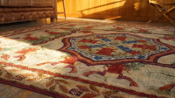 Ivory antique american hooked rug with chinese design - rare square shape (sku 19086) - in-room detail