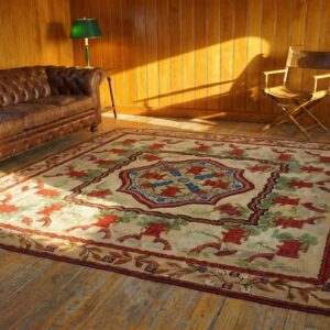 Ivory Antique American Hooked Rug with Chinese Design - Rare Square Shape (SKU 19086) - styled overhead view