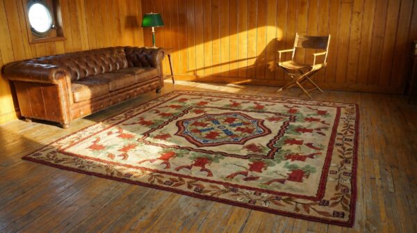 Ivory antique american hooked rug with chinese design - rare square shape (sku 19086) - styled overhead view