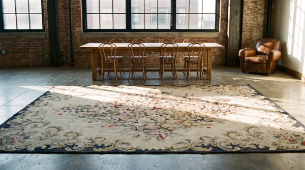 Antique ivory wool american hooked room size 1930s rug 7 Antique ivory wool american hooked room size 1930s rug (sku 19383) - room view