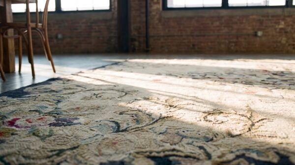 Antique ivory wool american hooked room size 1930s rug 8 Antique ivory wool american hooked room size 1930s rug (sku 19383) - in-room detail