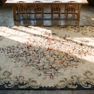 Antique Ivory Wool American Hooked Room Size 1930s Rug (SKU 19383) - styled overhead view