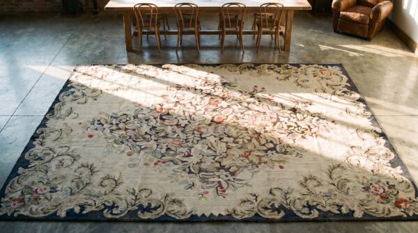 Antique ivory wool american hooked room size 1930s rug 2 Antique ivory wool american hooked room size 1930s rug (sku 19383) - styled overhead view