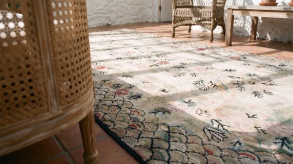 Ivory antique artistic american folk art hooked cotton rug 8 Ivory antique artistic american folk art hooked cotton rug (sku 17237) - in-room detail