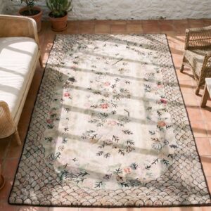 Ivory Antique Artistic American Folk Art Hooked Cotton Rug (SKU 17237) - styled overhead view