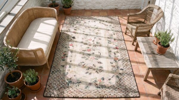 Ivory antique artistic american folk art hooked cotton rug 2 Ivory antique artistic american folk art hooked cotton rug (sku 17237) - styled overhead view