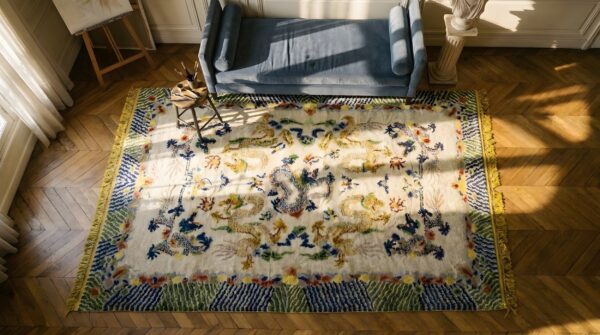 Ivory background antique artistic chinese dragon design silk rug 10 Ivory background antique artistic chinese dragon design silk rug (sku 24372) - in-room detail