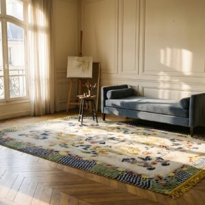 Ivory Background Antique Artistic Chinese Dragon Design Silk Rug (SKU 24372) - styled overhead view
