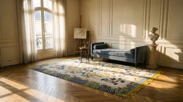 Ivory background antique artistic chinese dragon design silk rug 2 Ivory background antique artistic chinese dragon design silk rug (sku 24372) - styled overhead view