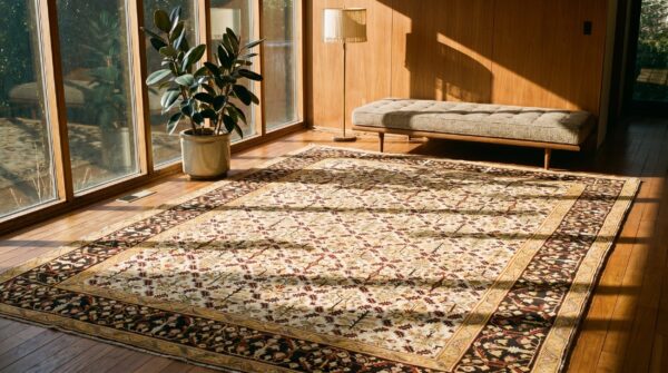 Antique ivory background large size indian agra area rug 6 Antique ivory background large size indian agra area rug (sku 17295) - room view