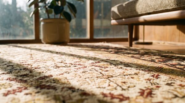 Antique ivory background large size indian agra area rug 7 Antique ivory background large size indian agra area rug (sku 17295) - in-room detail