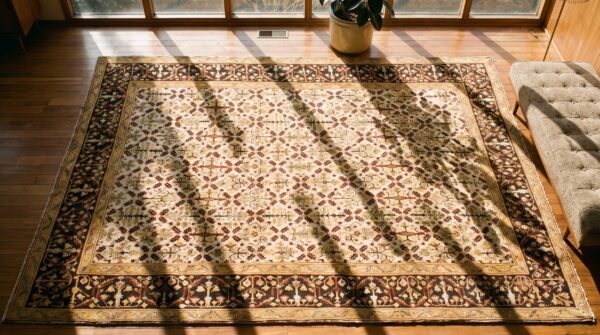 Antique ivory background large size indian agra area rug 2 Antique ivory background large size indian agra area rug (sku 17295) - styled overhead view