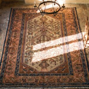 Ivory Background Small Size Antique Tribal Geometric Persian Tree Of Life Pattern Malayer Rug (SKU 19043) - styled overhead view