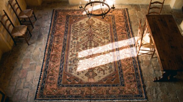 Ivory background small size antique tribal geometric persian tree of life pattern malayer rug 2 Ivory background small size antique tribal geometric persian tree of life pattern malayer rug (sku 19043) - styled overhead view