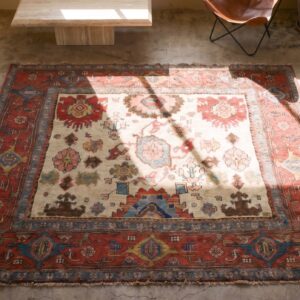 Ivory Background Antique Tribal Rustic Antique Persian Bidjar Rug (SKU 21092) - styled overhead view