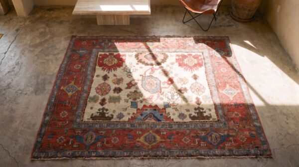 Ivory background antique tribal rustic antique persian bidjar rug 2 Ivory background antique tribal rustic antique persian bidjar rug (sku 21092) - styled overhead view