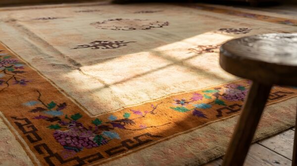 Antique ivory beige cream color hand knotted wool pile chinese area rug 7 Antique ivory beige cream color hand knotted wool pile chinese area rug (sku 22151) - in-room detail