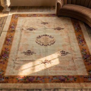 Antique Ivory Beige Cream Color Hand Knotted Wool Pile Chinese Area Rug (SKU 22151) - styled overhead view