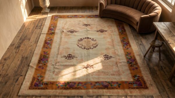 Antique ivory beige cream color hand knotted wool pile chinese area rug 2 Antique ivory beige cream color hand knotted wool pile chinese area rug (sku 22151) - styled overhead view