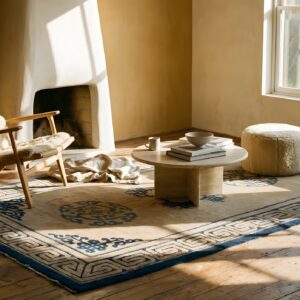 Ivory Beige Cream White 1890s Antique Wool Rectangle Hand Knotted Pile Rug (SKU 23873) - room view