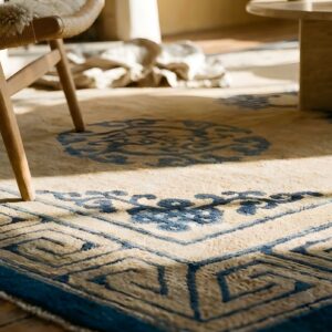 Ivory Beige Cream White 1890s Antique Wool Rectangle Hand Knotted Pile Rug (SKU 23873) - in-room detail