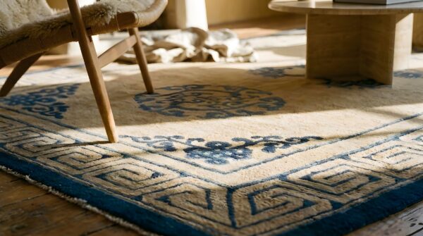 Ivory beige cream white 1890s antique wool rectangle hand knotted pile rug (sku 23873) - in-room detail