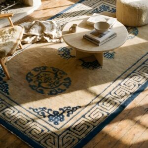 Ivory Beige Cream White 1890s Antique Wool Rectangle Hand Knotted Pile Rug (SKU 23873) - styled overhead view