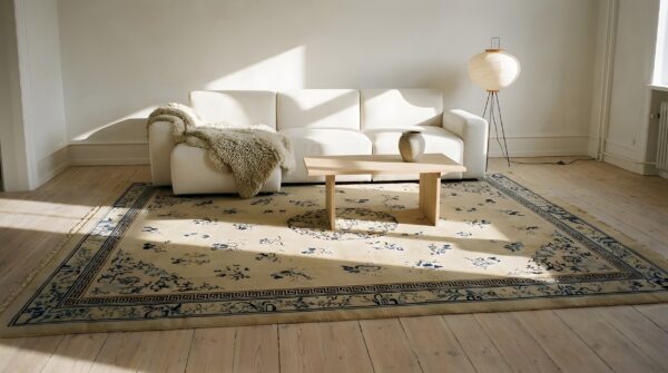Wool antique ivory beige cream white 1890s hand knotted pile rectangle rug 6 Wool antique ivory beige cream white 1890s hand knotted pile rectangle rug (sku 24341) - room view