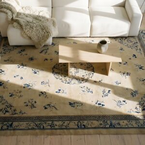 Wool Antique Ivory Beige Cream White 1890s Hand Knotted Pile Rectangle Rug (SKU 24341) - styled overhead view