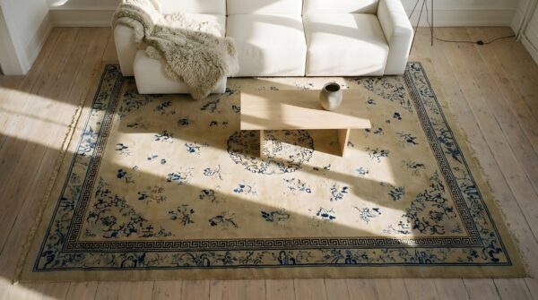 Wool antique ivory beige cream white 1890s hand knotted pile rectangle rug 2 Wool antique ivory beige cream white 1890s hand knotted pile rectangle rug (sku 24341) - styled overhead view