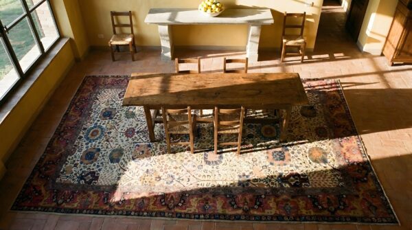 Antique wool hand knotted pile ivory beige cream white 1900s rug 2 Antique wool hand knotted pile ivory beige cream white 1900s rug (sku 25019) - styled overhead view