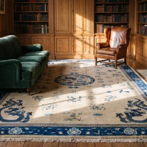 Antique Ivory Beige Cream White 1900s Hand Knotted Pile Large Wool Floral Medallion Rectangle Rug (SKU 21426) - room view