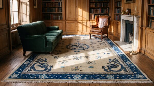 Antique ivory beige cream white 1900s hand knotted pile large wool floral medallion rectangle rug 12 Antique ivory beige cream white 1900s hand knotted pile large wool floral medallion rectangle rug (sku 21426) - room view