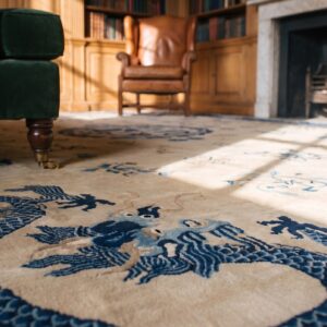 Antique Ivory Beige Cream White 1900s Hand Knotted Pile Large Wool Floral Medallion Rectangle Rug (SKU 21426) - in-room detail