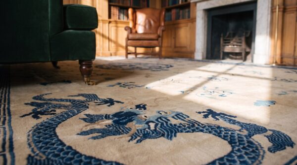 Antique ivory beige cream white 1900s hand knotted pile large wool floral medallion rectangle rug 13 Antique ivory beige cream white 1900s hand knotted pile large wool floral medallion rectangle rug (sku 21426) - in-room detail