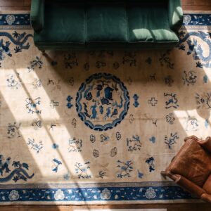 Antique Ivory Beige Cream White 1900s Hand Knotted Pile Large Wool Floral Medallion Rectangle Rug (SKU 21426) - styled overhead view