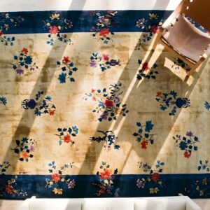 Antique Wool Hand Knotted Pile Ivory Beige Cream White 1920s Rug (SKU 23874) - styled overhead view