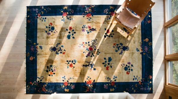 Antique wool hand knotted pile ivory beige cream white 1920s rug 2 Antique wool hand knotted pile ivory beige cream white 1920s rug (sku 23874) - styled overhead view