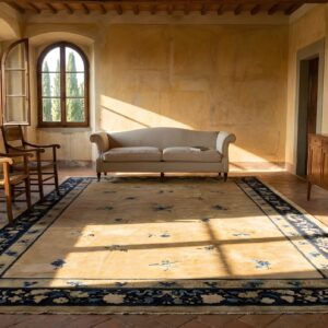 Antique Ivory Beige Cream White 1920s Wool Hand Knotted Pile Rectangle Rug (SKU 25029) - room view