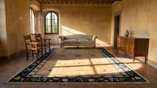 Antique ivory beige cream white 1920s wool hand knotted pile rectangle rug 10 Antique ivory beige cream white 1920s wool hand knotted pile rectangle rug (sku 25029) - room view