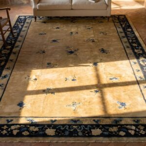 Antique Ivory Beige Cream White 1920s Wool Hand Knotted Pile Rectangle Rug (SKU 25029) - styled overhead view