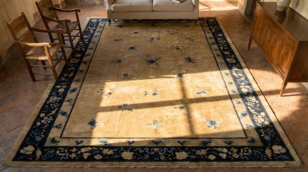 Antique ivory beige cream white 1920s wool hand knotted pile rectangle rug 2 Antique ivory beige cream white 1920s wool hand knotted pile rectangle rug (sku 25029) - styled overhead view