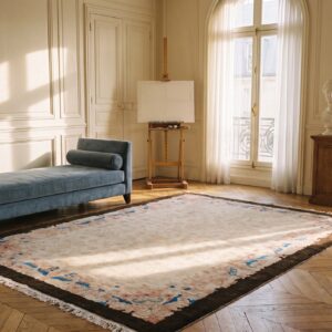 Ivory Beige Cream White 1920s Wool Rectangle Antique Hand Knotted Pile Allover Floral Rug (SKU 25530) - room view