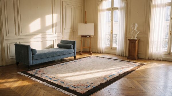Ivory beige cream white 1920s wool rectangle antique hand knotted pile allover floral rug 6 Ivory beige cream white 1920s wool rectangle antique hand knotted pile allover floral rug (sku 25530) - room view