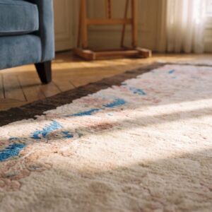Ivory Beige Cream White 1920s Wool Rectangle Antique Hand Knotted Pile Allover Floral Rug (SKU 25530) - in-room detail