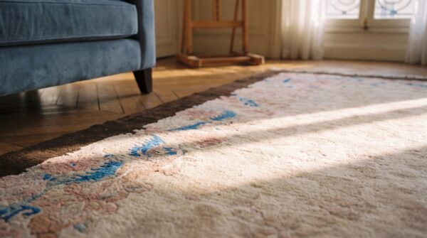 Ivory beige cream white 1920s wool rectangle antique hand knotted pile allover floral rug 7 Ivory beige cream white 1920s wool rectangle antique hand knotted pile allover floral rug (sku 25530) - in-room detail